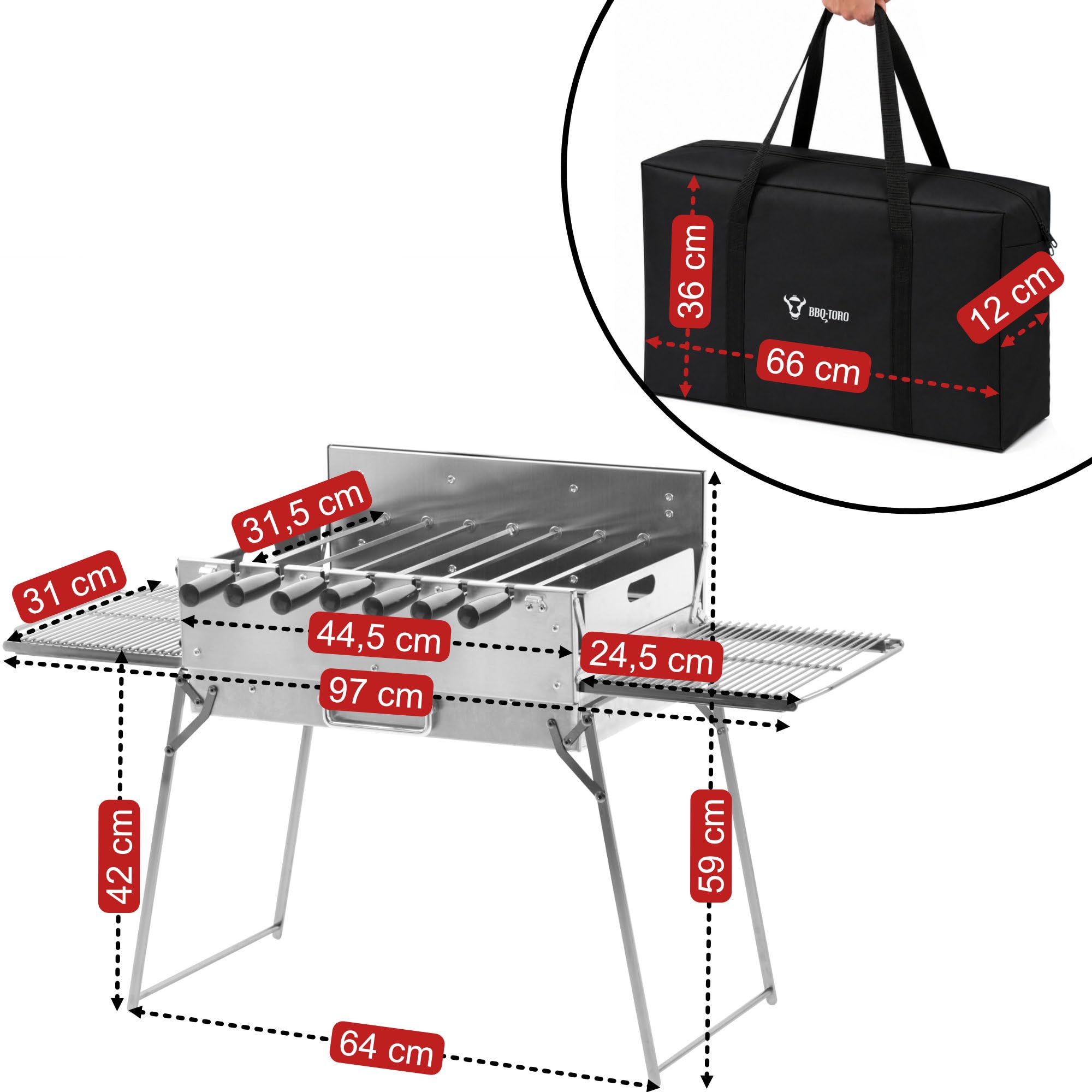 BBQ-Toro Barbacoa de carbón vegetal con asador eléctrico | Acero inoxidable plegable | Barbacoa de camping con bolsa de transporte y 7 brochetas | Barbacoa de acero inoxidable con motor, mangal shish