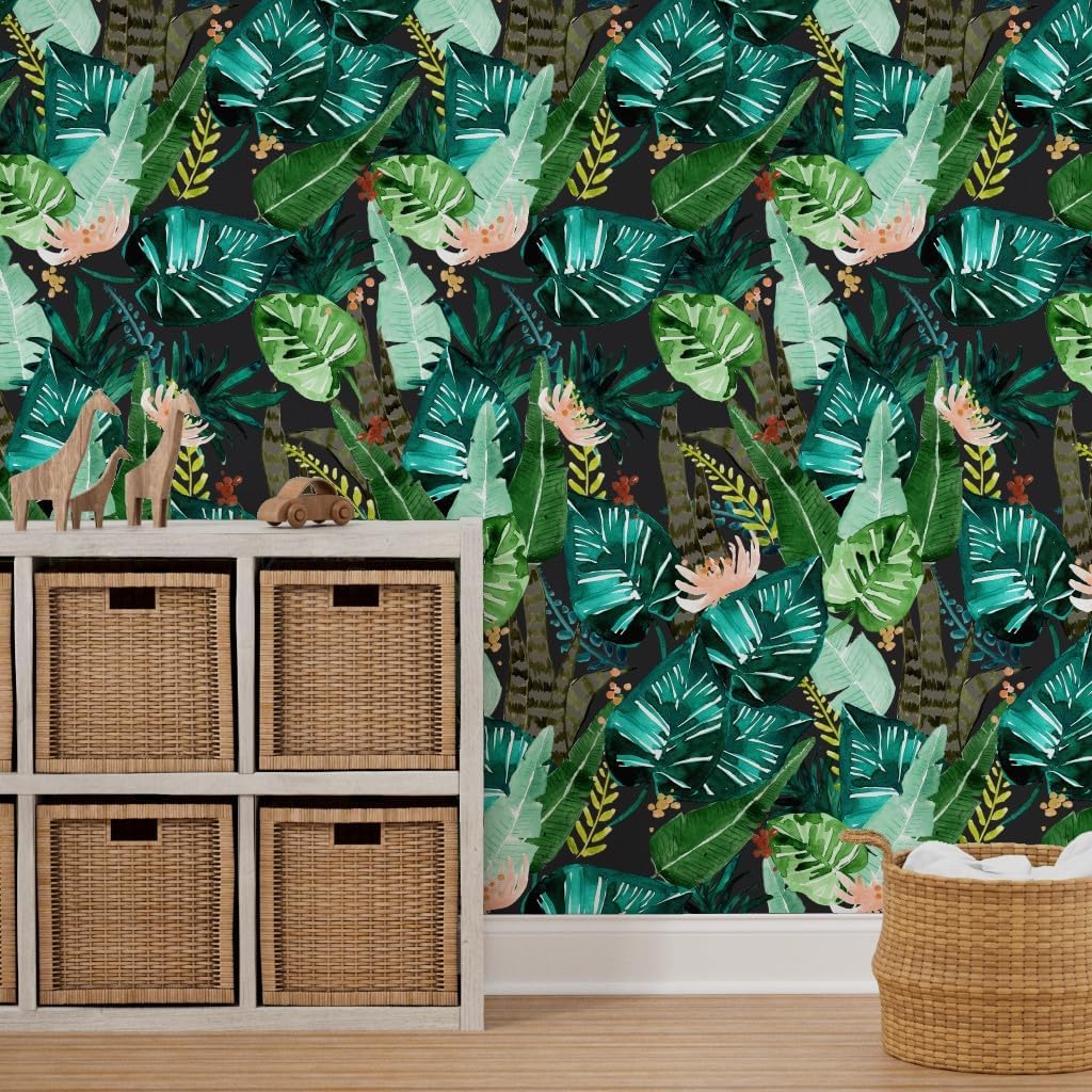 Removable Wallpaper 12ft x 2ft - Tropical Dark Leaves Banana Leaf Jungle Palm Green Custom Pre-Pasted Wallpaper by Spoonflower