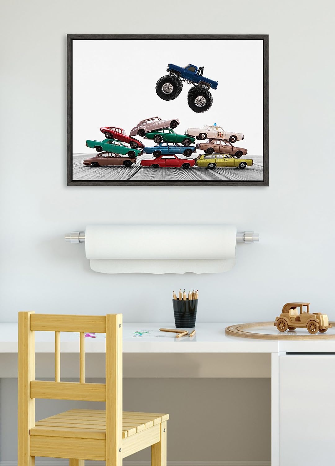 Kate and Laurel Sylvie Vintage Stacked Matchbox Cars and Monster Truck Framed Canvas Wall Art by Saint and Sailor Studios; 18x24 Gray; Modern Colorful Car Toys Art for Wall