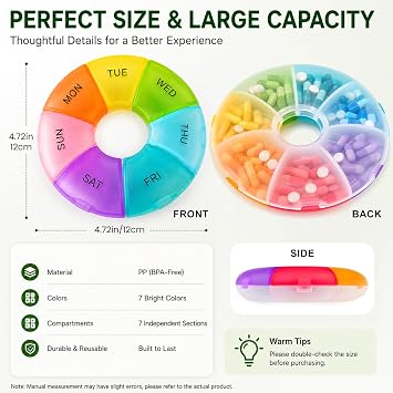 Weekly Pill Box 7 Day, Portable Pill Organiser, Travel Tablet Organiser, Moisture Resistant Storage for Vitamins Supplements & Medication Organizer, Multicolor