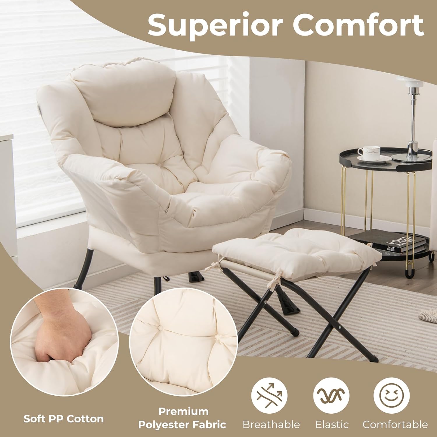 KOMFOTT Lazy Chair with Ottoman Set of 2, Leisure Upholstered Reading Sofa Chair with Armrests & Side Pocket, Modern Lounge Accent Chair with Folding Footrest for Living Room, Bedroom, Balcony, Beige