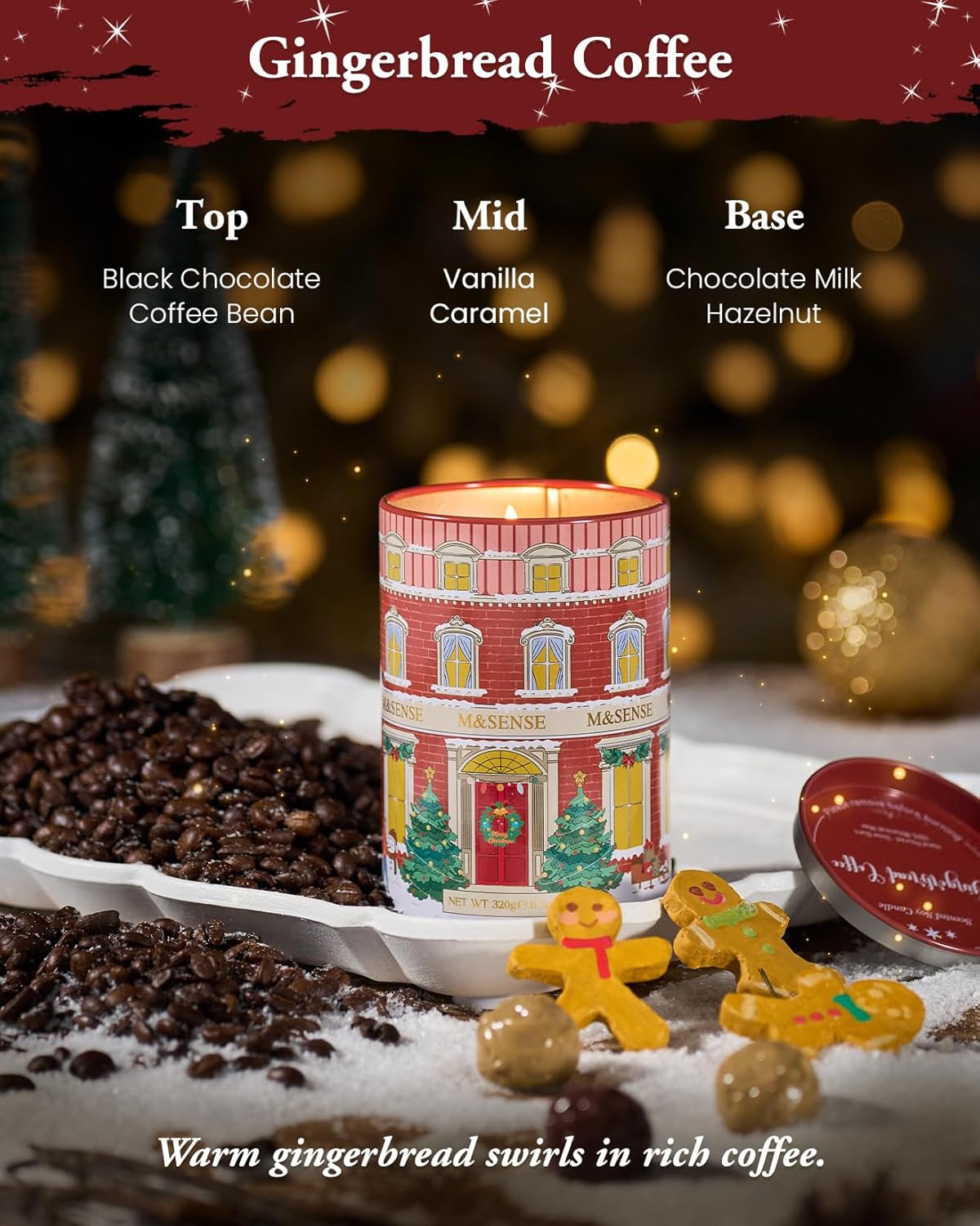 M&SENSE Gingerbread Coffee Christmas Candles, Warm Scented Holiday Candle with Gingerbread Cookie, Chocolate & Coffee Bean, Soy Wax 11.3oz 70 Hour Clean Burn, Cozy Winter Home Decor, Christmas Gifts - Image 2
