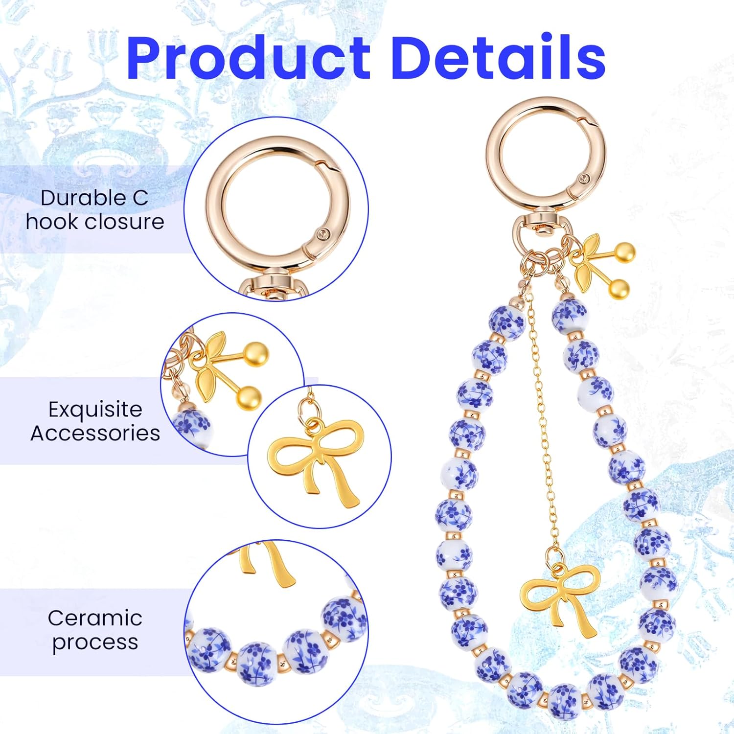 Ceramic Bead Keychain Wristlet for Women,Cherry Bow Bag Charm Aesthetic Purse Charms,Vintage Style Bracelet for Car Keys & Handbags - Image 3