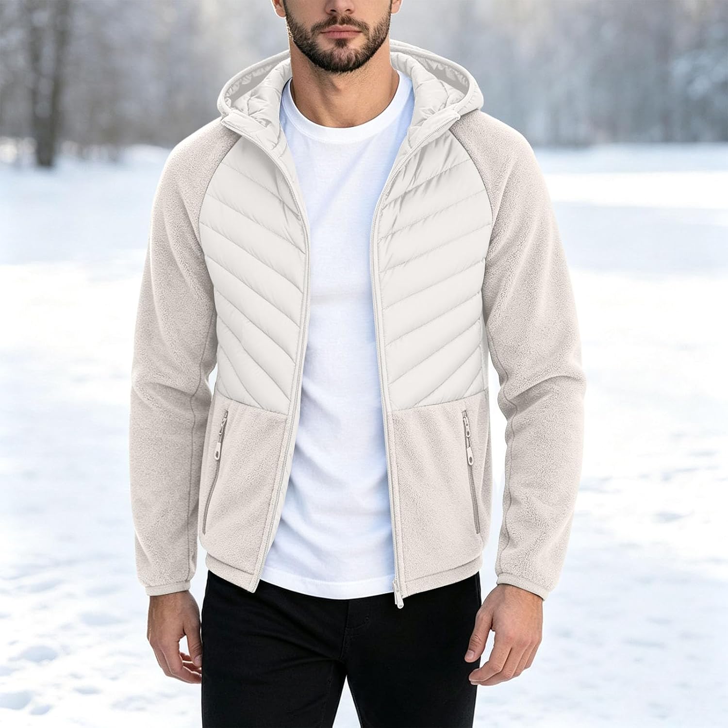Men's Hooded Jacket, Fleece Sleeves, Quilted Winter Sports Coat