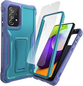 for Samsung Galaxy A52 5G Case, Military Grade Protection Shockproof Case with Tempered Glass HD Screen Protector and Kickstand Compatible with Galaxy A52 Phone 6.5 Inch Blue