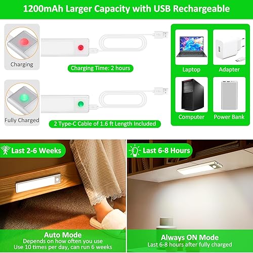 Miniatura 3 de 30 luces LED con sensor de movimiento para debajo del gabinete, luces magnéticas recargables debajo del armario, barra de luz nocturna inalámbrica