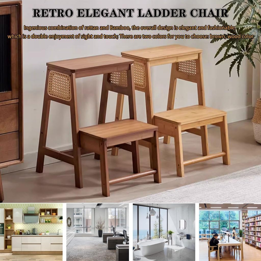 Silla de Escalera Plegable Silla de Escalera de Tijera Escaleras de Tijera Plegables portátiles, Taburete de 2 Niveles para Cocina, Balcón Silla de Ocio de bambú, Fácil de almacenar