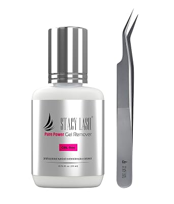 Pure Gel Remover 15ml & Stacy Lash STL-7 Volume S-Shaped Tweezers/GBL Free/Fast Lash Adhesive Dissolution time - 60 Sec/Precision Stainless Steel Tool/Angled Tips/Professional Supplies