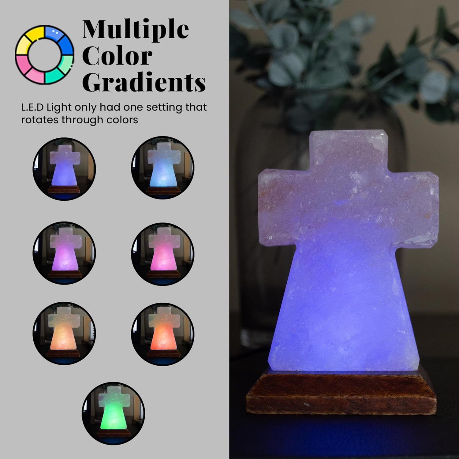 POHS Himalayan USB Mini Salt Lamp, 7 Color Changing LED Bulb, Hand Crafted Crystal Rock Salt Night Light for Home Decor, Desk, and Gift | Premium Quality Wood Base and USB Cable (Cross)