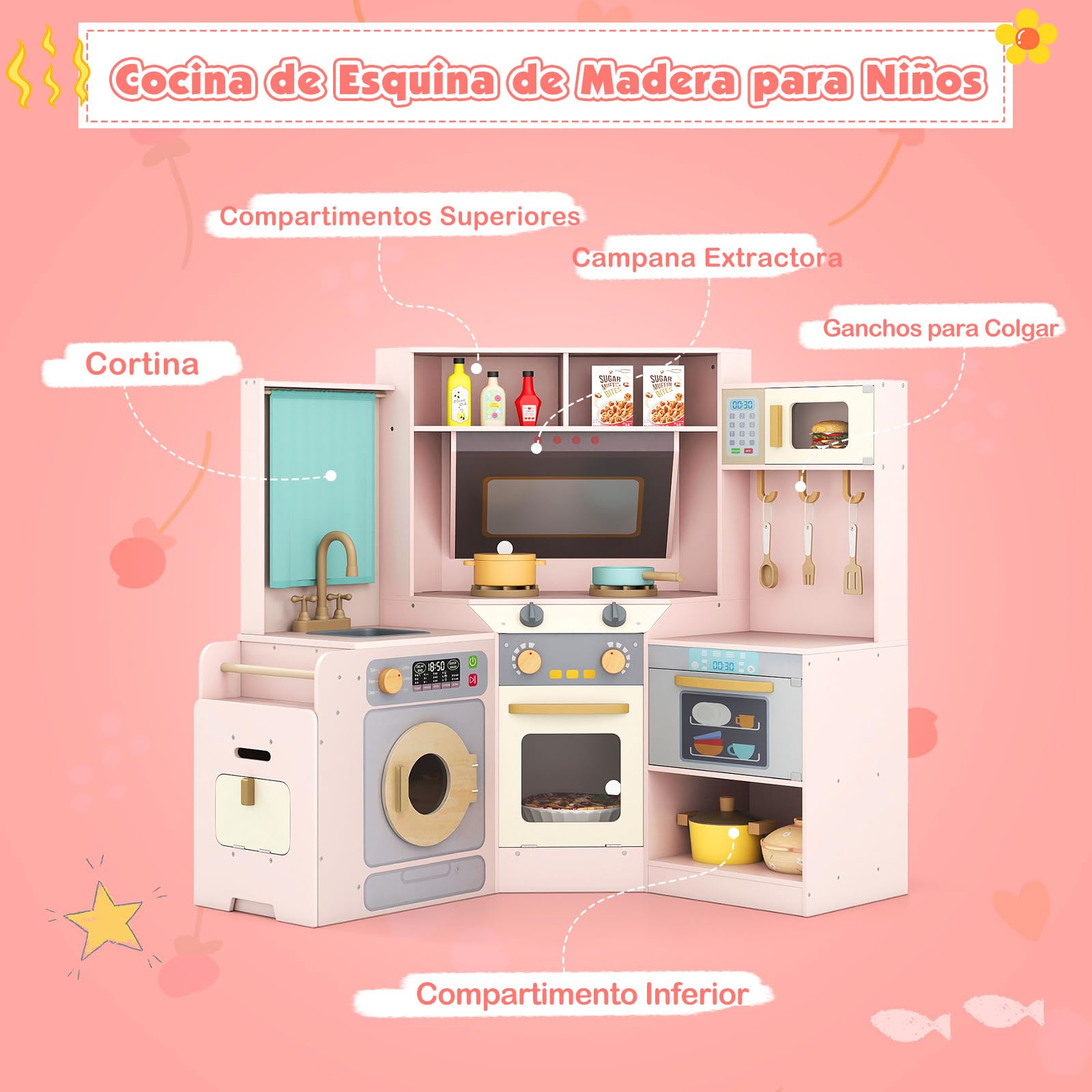COSTWAY Cocina Juguete en Esquina con Luces y Sonidos, Cocina Infantil con Cubo de Basura, Cortina, Fregadero, Microondas, Horno, Lavadora y Accesorios, Cocinita Infantil para Niños de 3+ Años (Rosa)