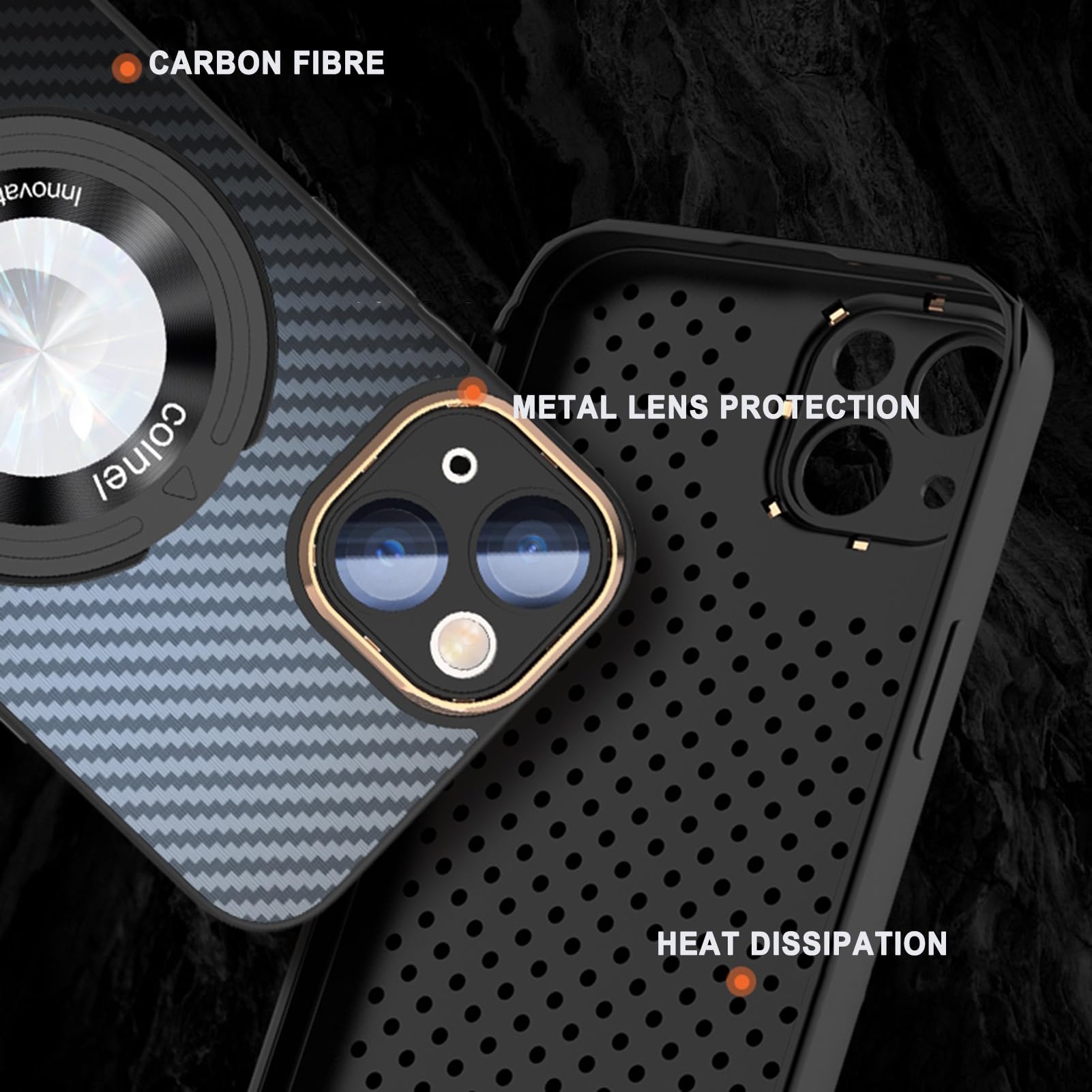 Etui magnetyczne do iPhone'a 15Pro Max/15 Pro/15 Plus/15, z podstawką pierścieniową Ochronna obudowa telefonu z teksturą włókna węglowego Widok logo, czarna, 15