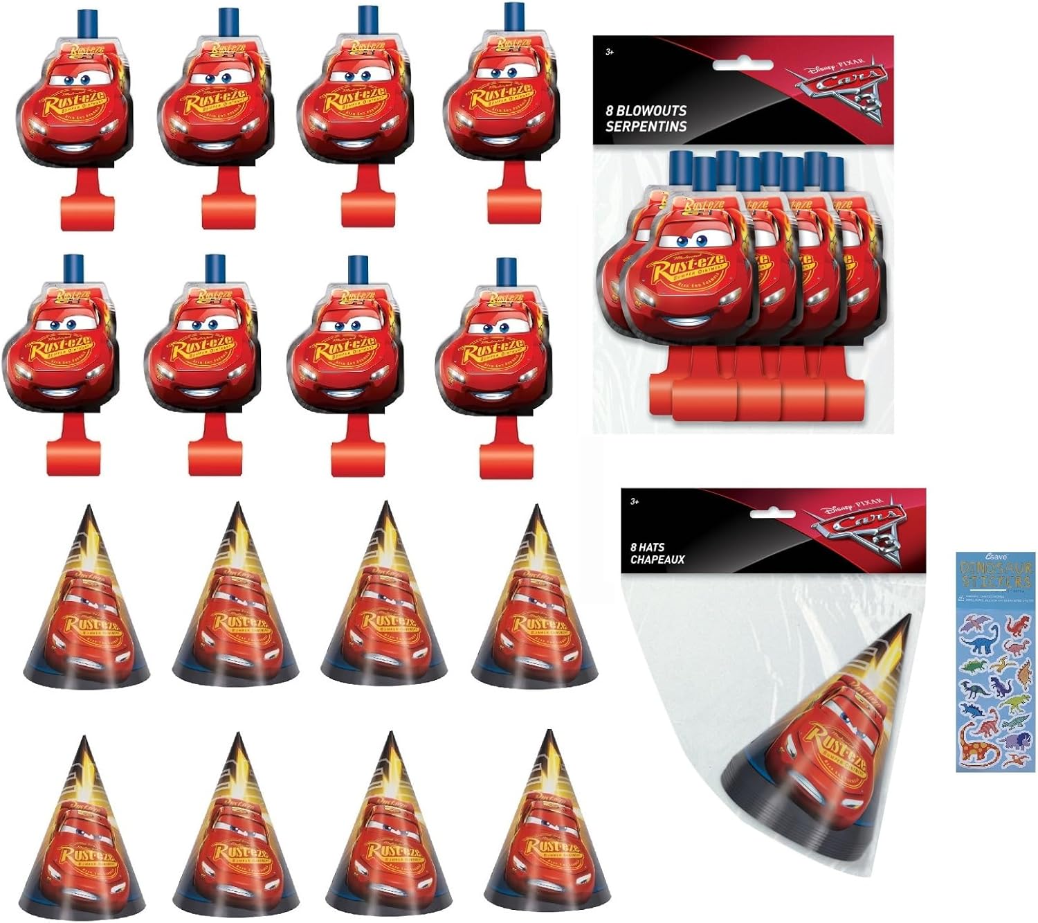 Unique Disney Cars Birthday Party Supplies Bundle includes 8 Party Paper Hats, 8 Party Paper Blowouts