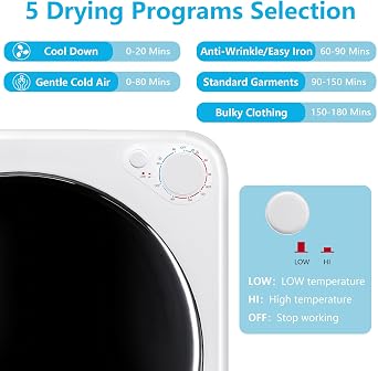 1.8 Cu.Ft Portable Clothes Dryer, 5 Drying Modes & Control Knob