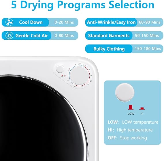 1.8 Cu.Ft Portable Clothes Dryer, 5 Drying Modes & Control Knob