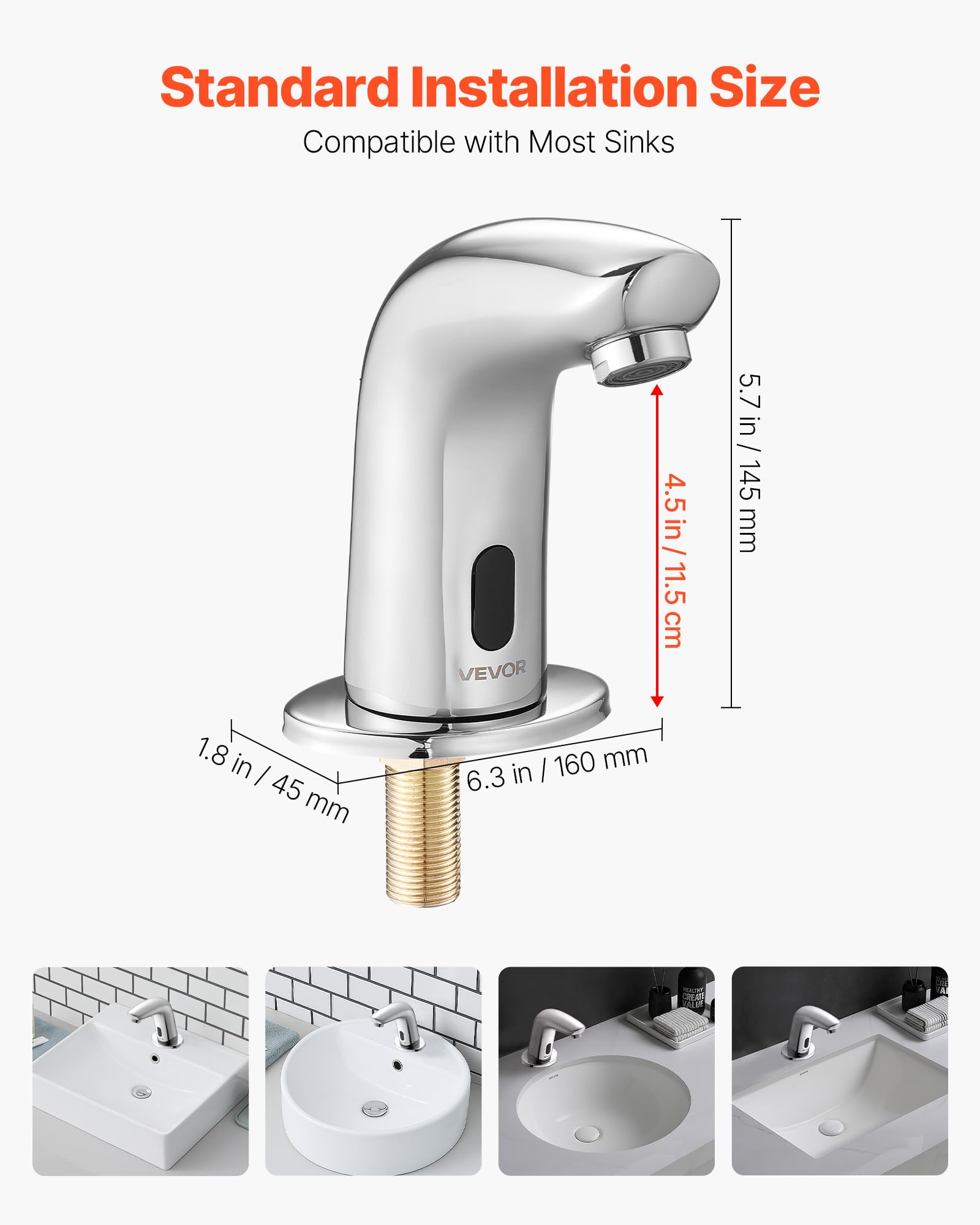VEVOR Robinet Automatique sans Contact, Mitigeur de Lavabo à Capteur de Mouvement, Robinetterie d'Eau Froide, Fonctionne sur Piles, pour Tuyau de 9,5 mm, Bar Cuisine Salle de Bain, Chromé Argenté