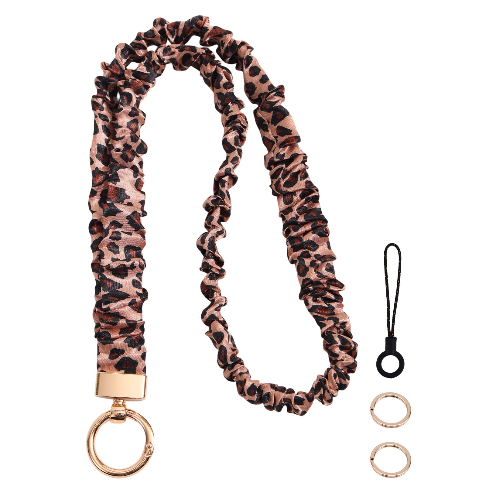 Fukaisu Stretchy Scrunchie Lanyard, Cute Elastic Neck Lanyard with 2 Rings & Phone Strap for Nurse Women Teacher Keychain Holder for ID Badge Gifts Decorations Accessories (Dark Brown Leopard Print)