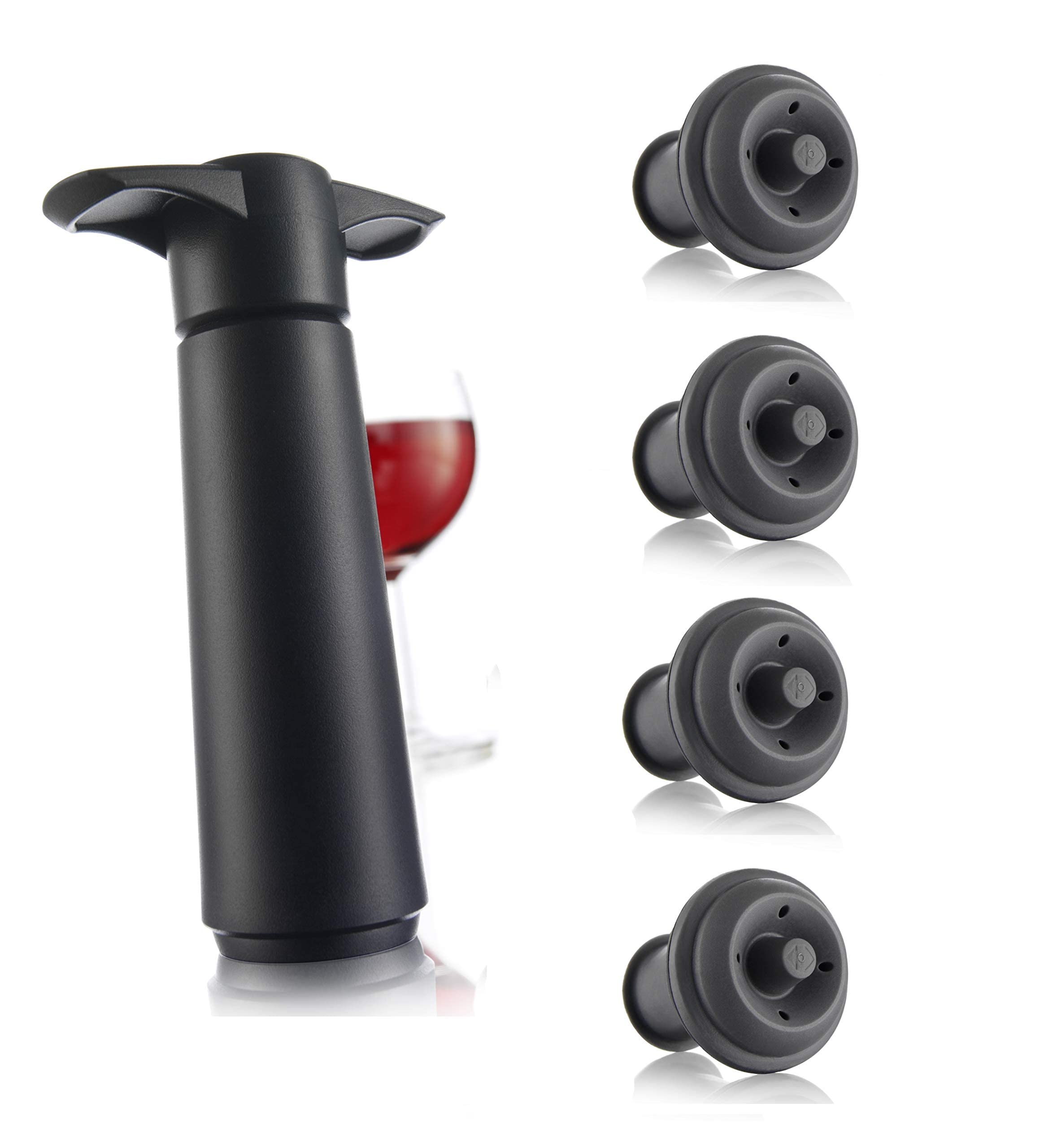 Wine Saver Pump with 2 x Vacuum Bottle Stoppers - Black (Black Pump + 4 Stoppers)