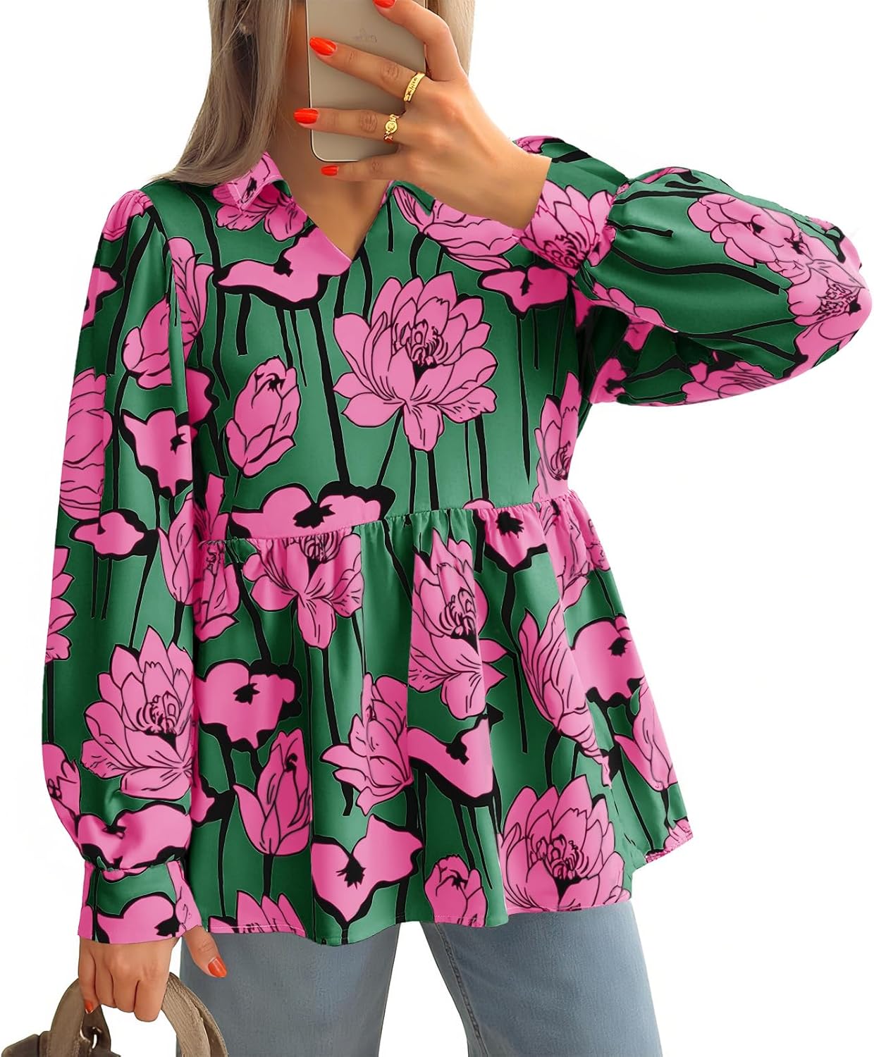 Tankaneo Womens Floral Print Babydoll Blouse Long Lantern Sleeve Peplum Tops Casual V Neck Flowy Boho Shirts