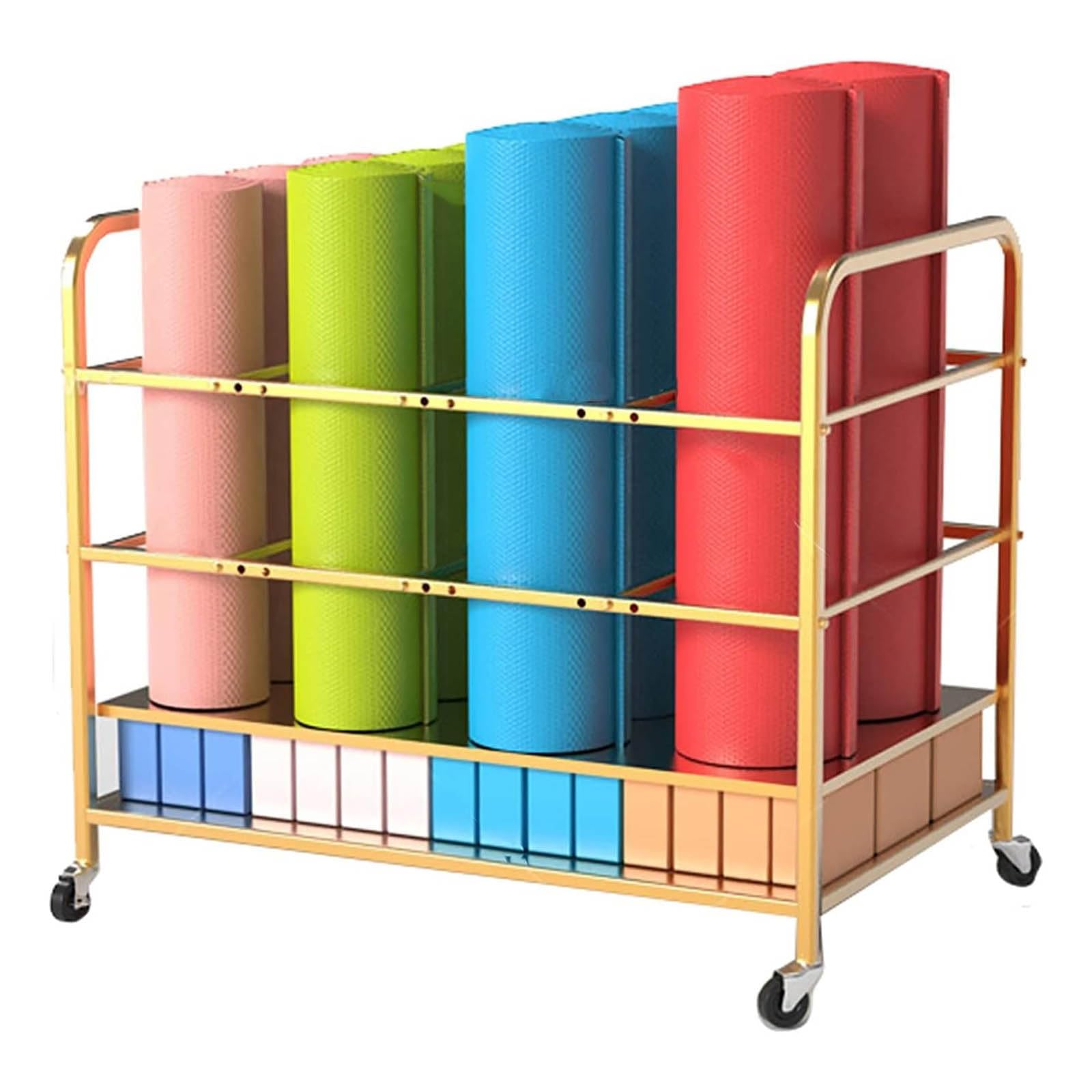 Cesta para esterilla de yoga con ruedas, organizador de metal para 9-14 tapetes y 30 bloques, estante móvil para estudio en casa