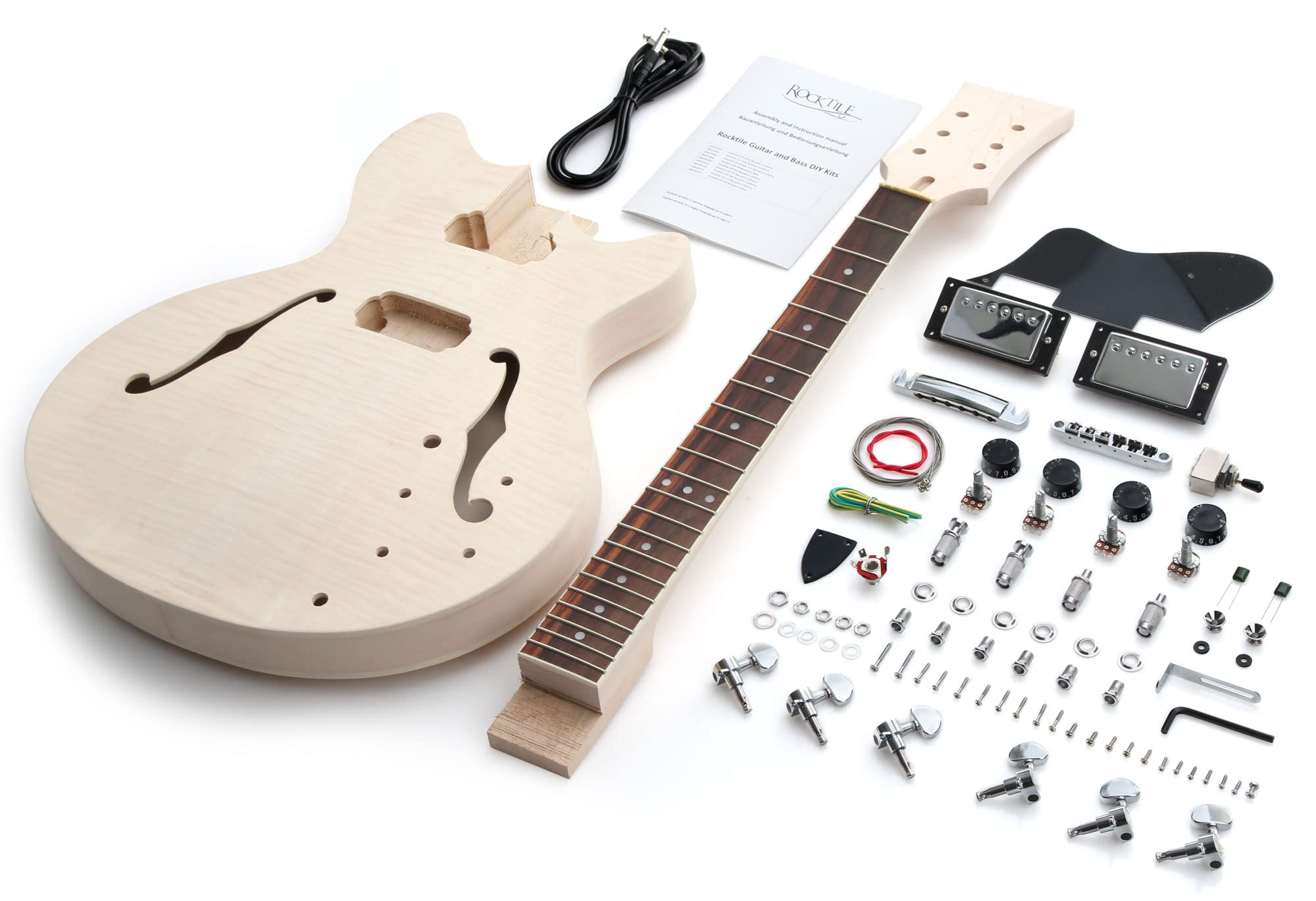 Kit Chitarra Elettrica Rocktile HB-Style, Semiacustica con sustainblock | Kit per chitarra elettrica 'do-it-yourself', Corpo: paulownia, Manico: acero da incollare, Tastiera: palissandro, 2 f-holes