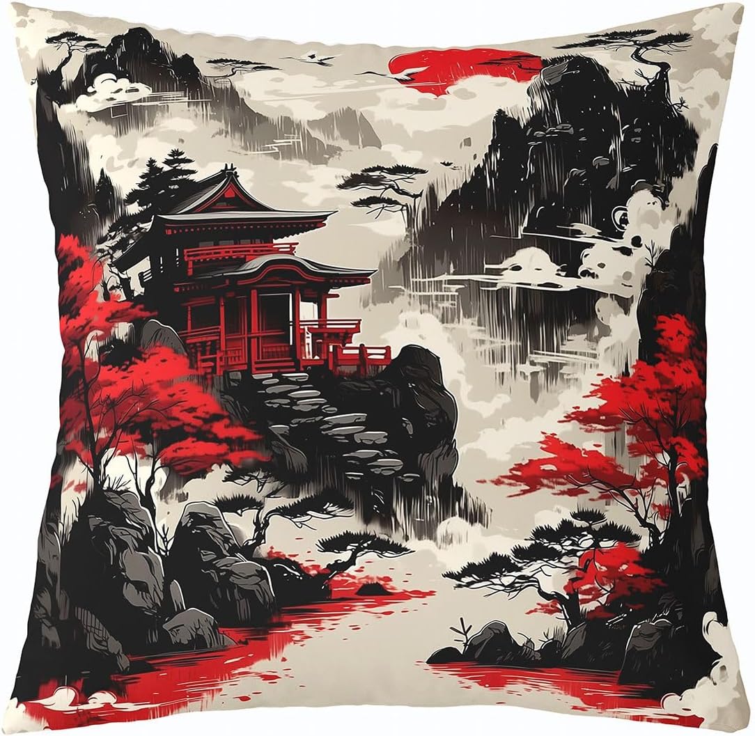 Feelyou Japanese Style Building Throw Pillow Covers 1 Pcs Anime Sunset Cushion Case Romantic Exotic Decor Pillowcase Red Maple Indoor Outdoor Super Soft 22 x 22-Inch
