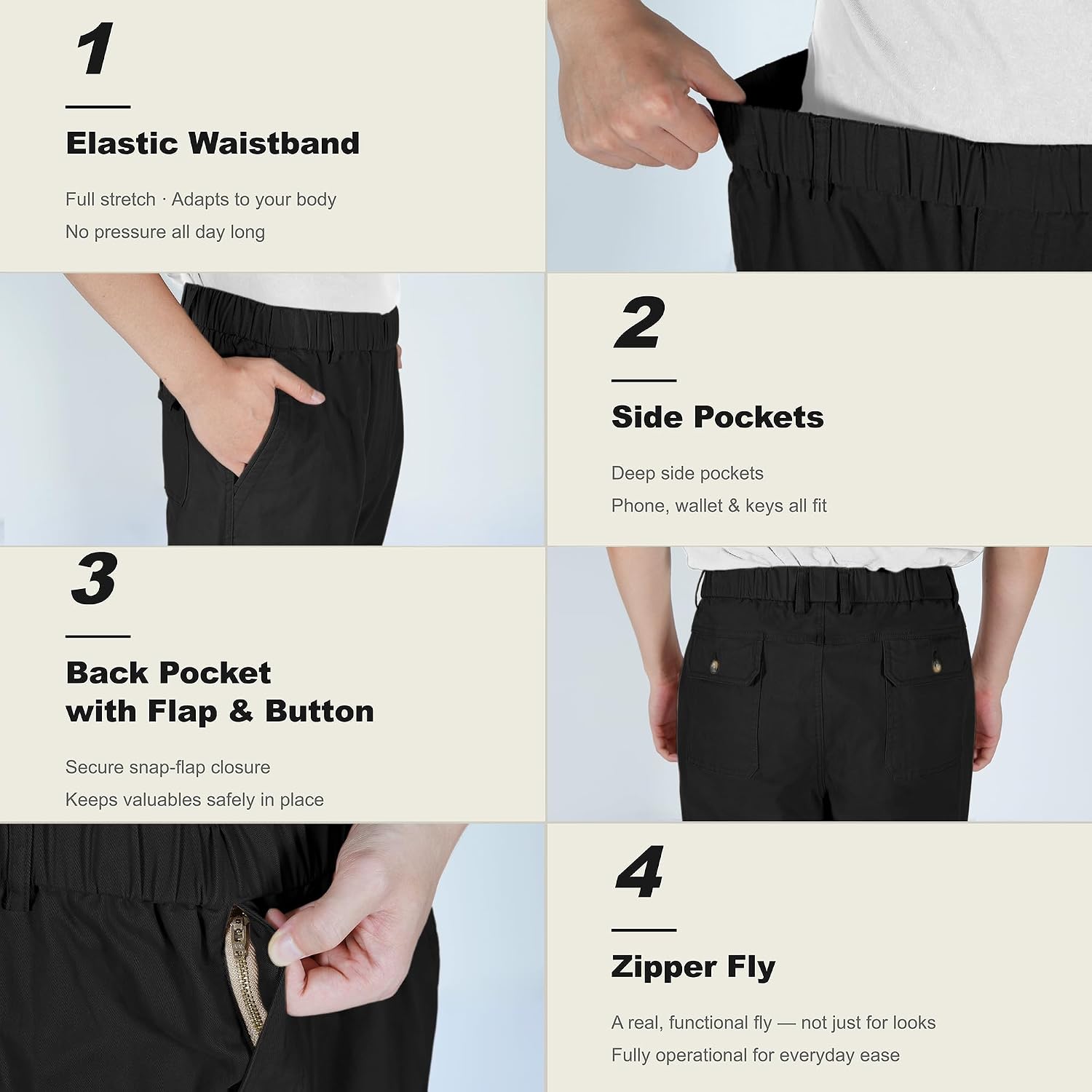 Soojun Men's Cotton Relaxed Fit Full Elastic Waist Twill Pants