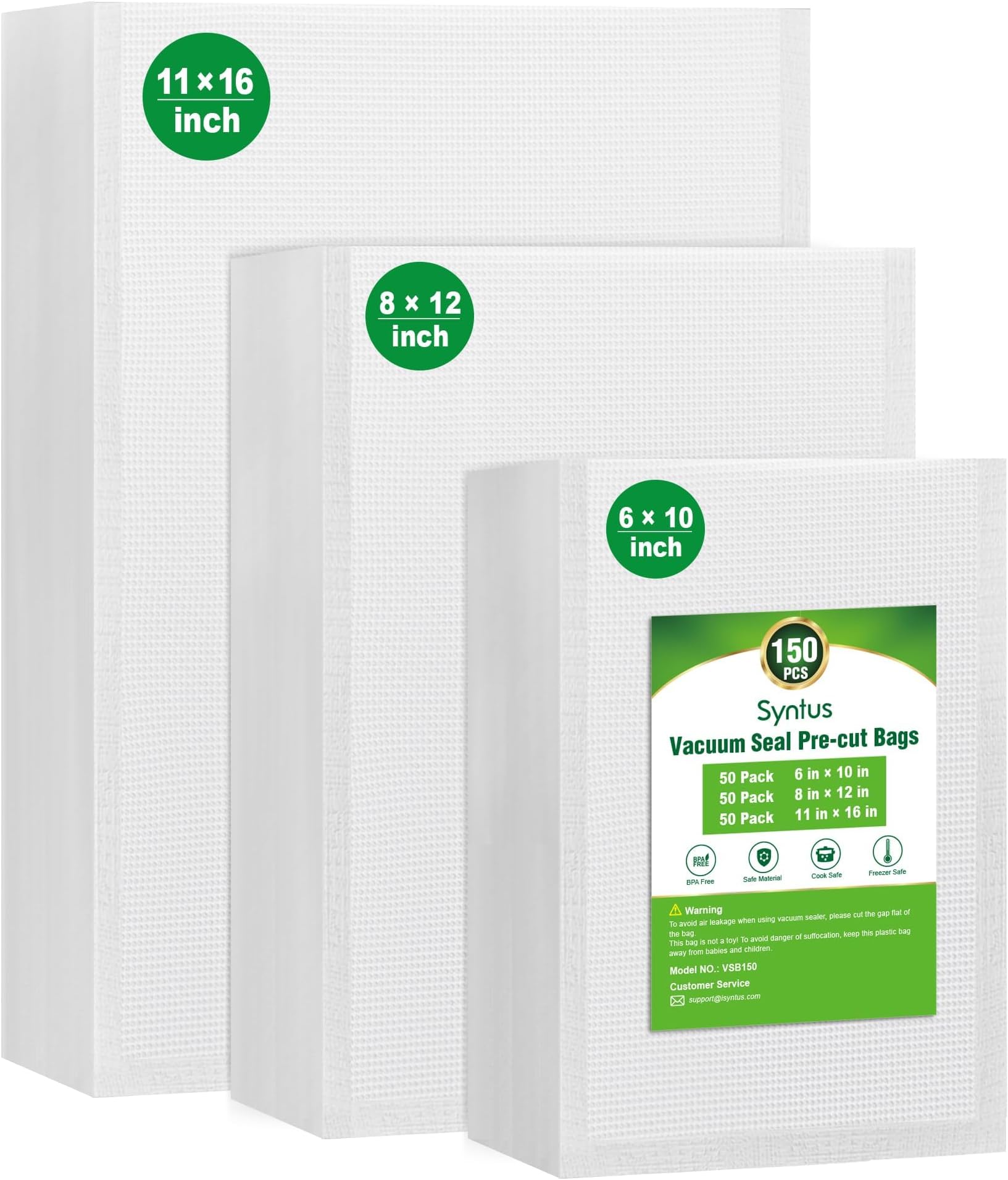 Syntus Vacuum Sealer Bags, 150 Gallon 11" x 16" and Quart 8" x 12" and Pint 6" x 10" Commercial Grade PreCut Bag, Food Vac Bags for Storage, Meal Prep or Sous Vide