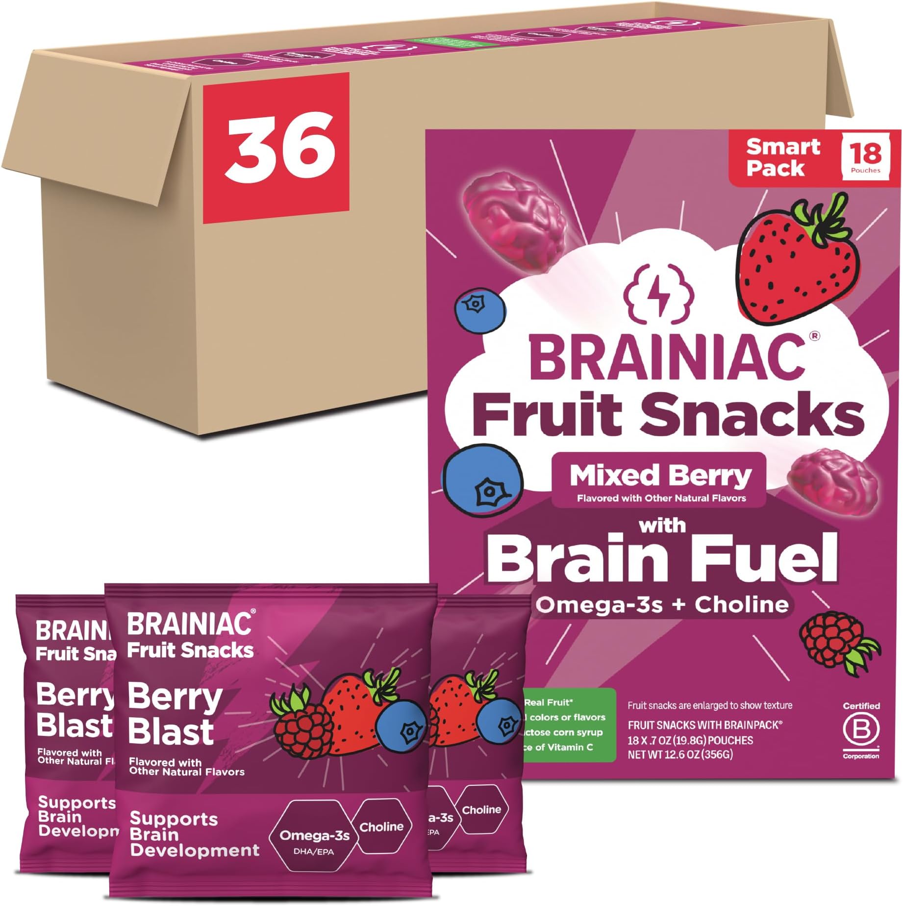 BrainiacFruit Snacks, Mixed Berry, Brain Boosting Patented BrainPack Ingredients with Omega-3s DHA/EPA and Choline, Functional and Nutritious Snacks, 36ct