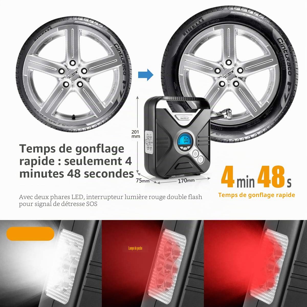 WindGallop Compresseur à Air Portable Gonfleur Electrique Gonfleur Pneus Voiture Mini Compresseur Voiture 12V Pompe A Velo Electrique avec Manomètre, Adaptateurs De Valve Et éclairage LED