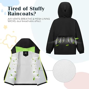 Kids Rain Jacket with Air Vents Mesh Lined, Hooded Raincoats with Extended Brim for Boys Girls