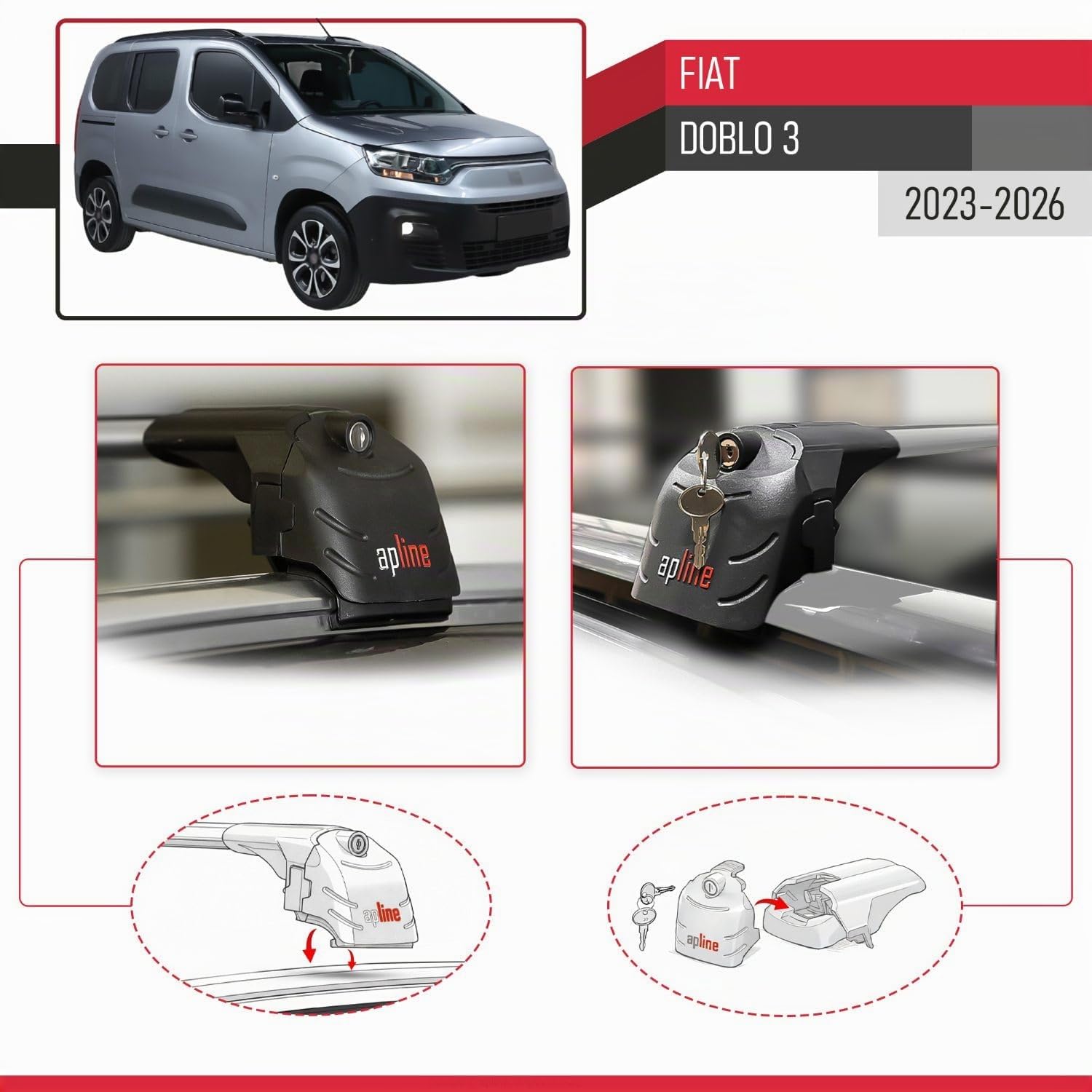 Compatibile con Fiat Doblo 3 2023-2026 Modello ACE-2 Barre Tetto Portapacchi Auto Barre Portatutto Grigio Alluminio 2 Barre