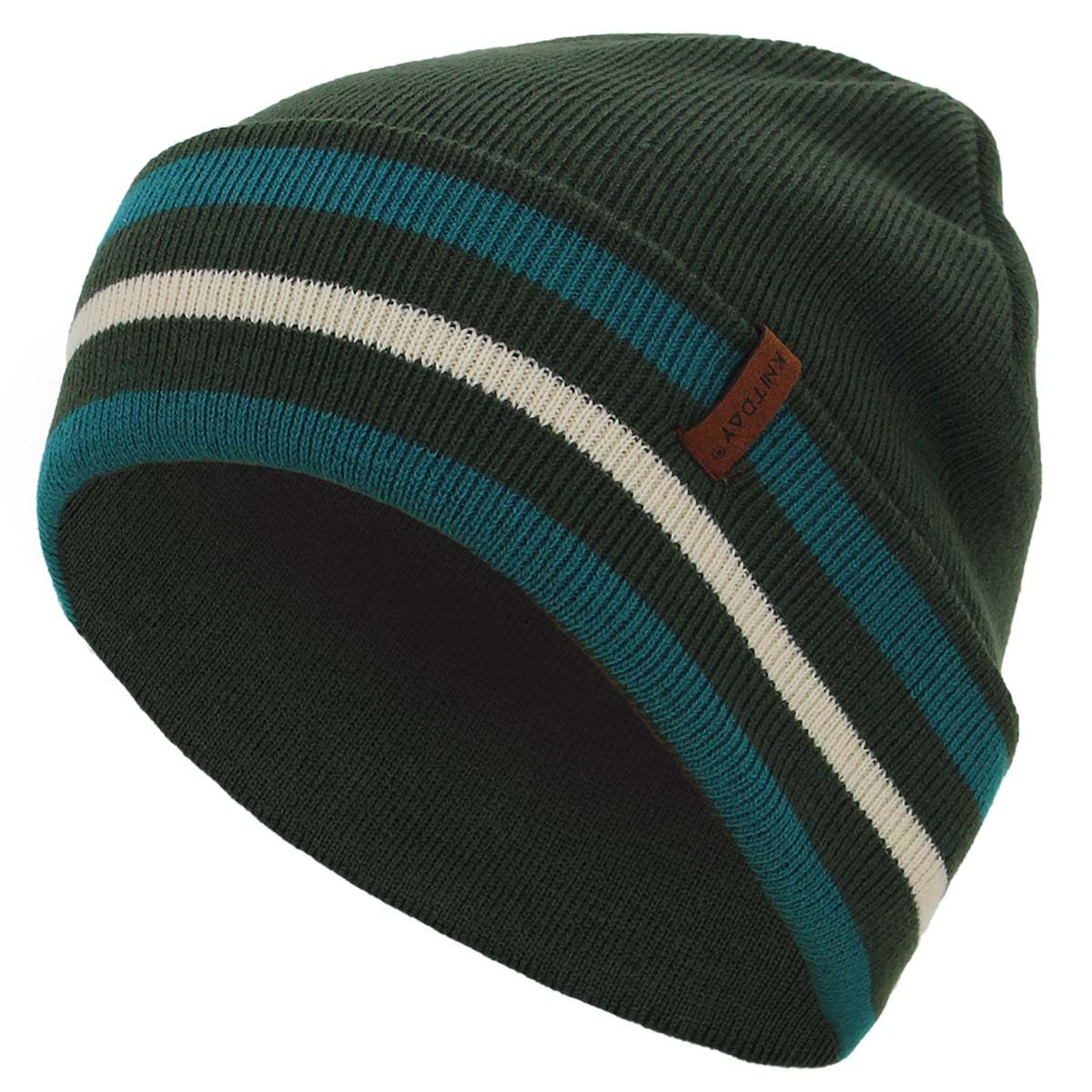 KNITDAY Men's Black Cuffed Running Golf Beanie Winter Hat for Men, Knitted Stripes Headband Pattern Cuff Beenie Skull Cap