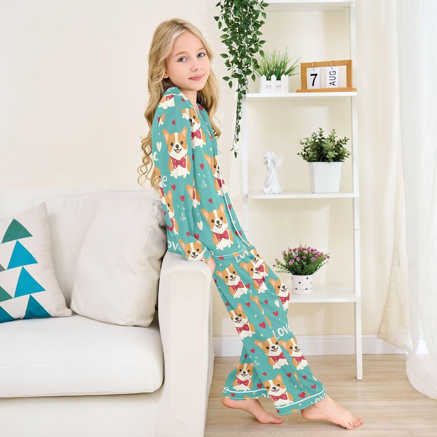 Kids Casual Satin Wear Set Love Corgi Pattern Unisex Relaxed Fit Clothing