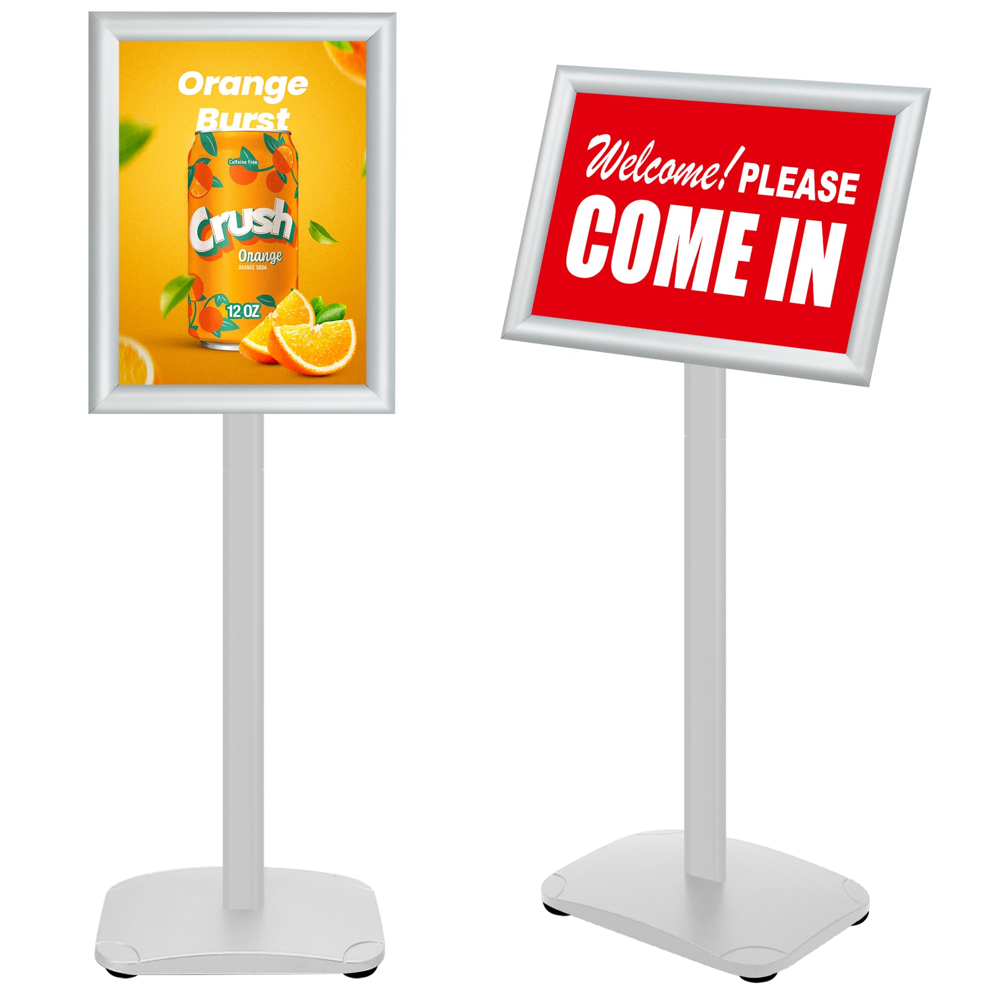 heavy duty standing sign holder 8.5x11 inch - pedestal floor sign stand with weighted base - vertical & horizontal view poster/menu holder for indoor/outdoor business store advertising, silver