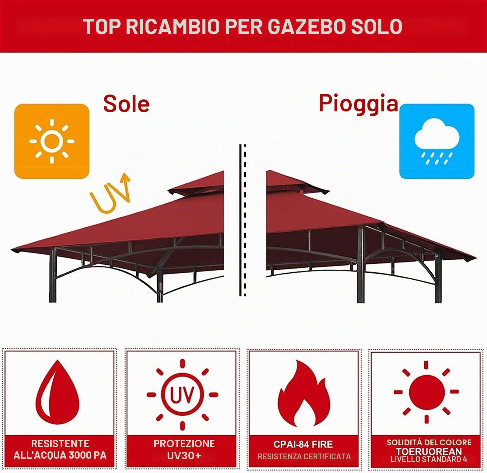 Copertura di ricambio per gazebo, 3 x 3 m, impermeabile, per barbecue, barbecue, copertura UV a 2 livelli, per giardino, patio, esterni, tende da sole