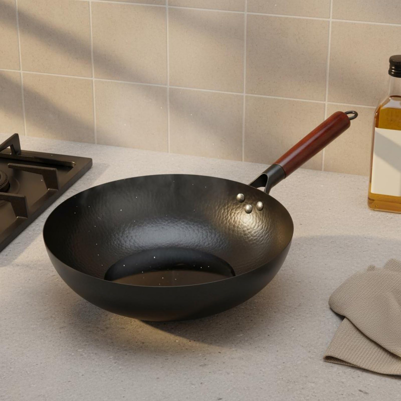 Wok de Hierro Forjado a Mano Sartén de Hierro Sartenes para Saltear Sartén Plana sin Recubrimiento Material Puro y Libre, Wok Tradicional Forjado De Hierro De 32cm Sin Tapa