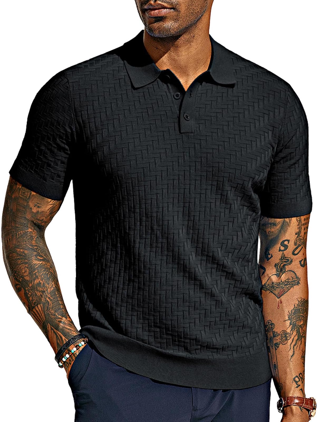 PJ PAUL JONESMens Knit Polo Shirts Casual Short Sleeve Texture Golf Shirt