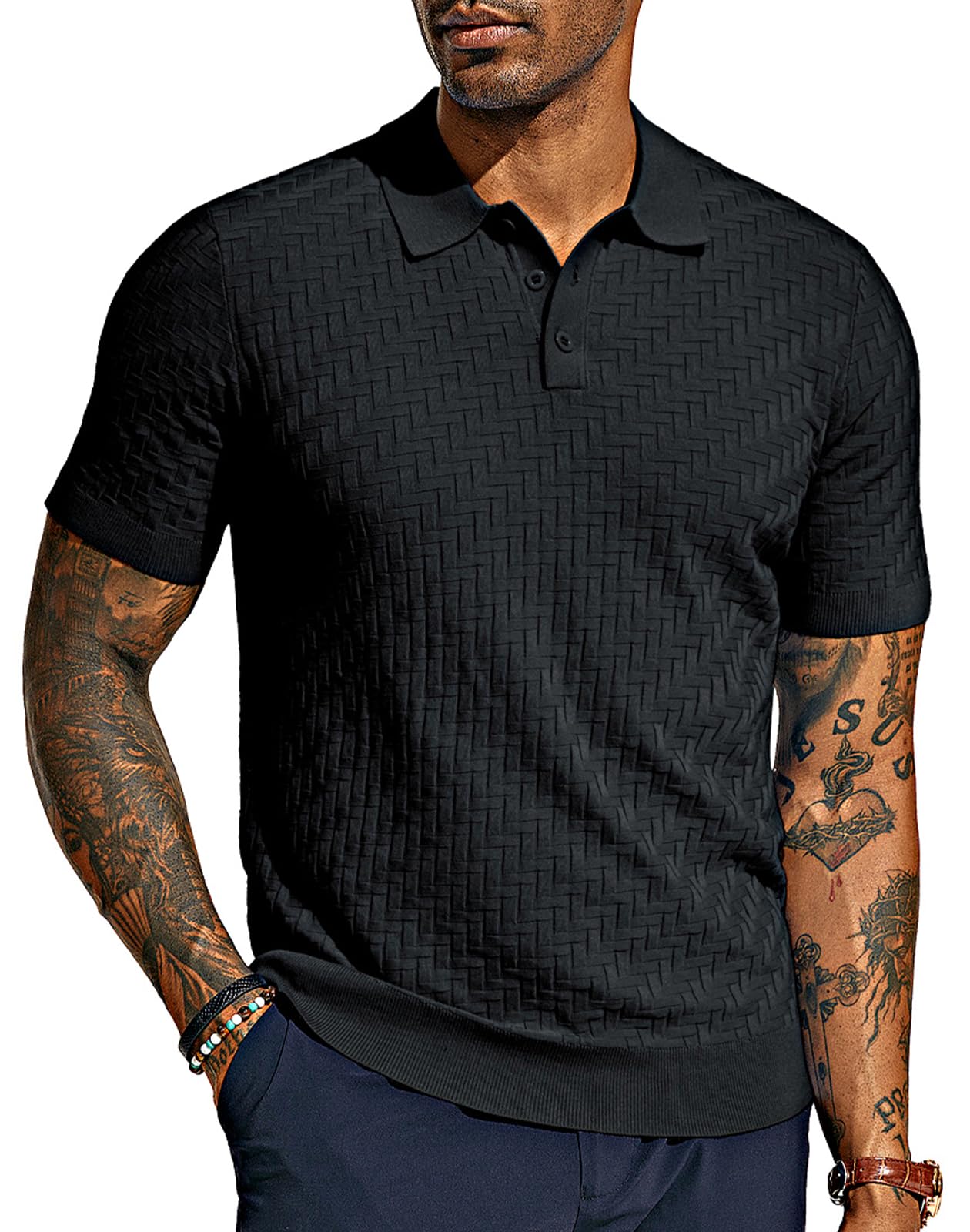 PJ PAUL JONESMens Knit Polo Shirts Casual Short Sleeve Texture Golf Shirt