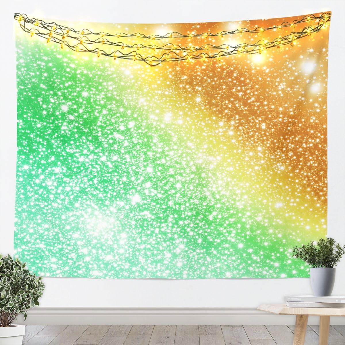 jejeloiu Green Orange Ombre Tapestry Glitter Wall Art for Living Room Bedroom Gradient Blue Pink Wall Hanging Blanket Luxury Home Decor Medium 59"x59"