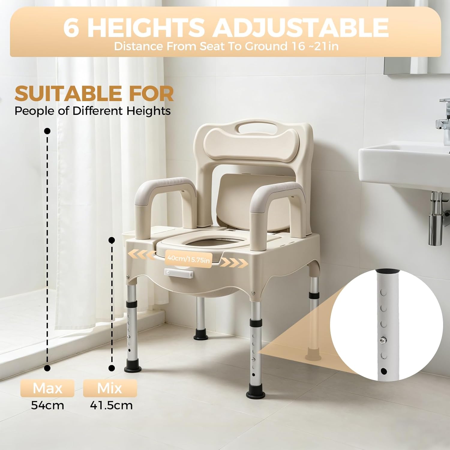 Bedside Commode Chair, 500 lbs Portable Toilet for Elderly Disabled Commode Chair for Toilet with Arms, Height Adjustable, Adult Potty Chair w/2 Replacement Toilets &1 Night Light (Grey White)