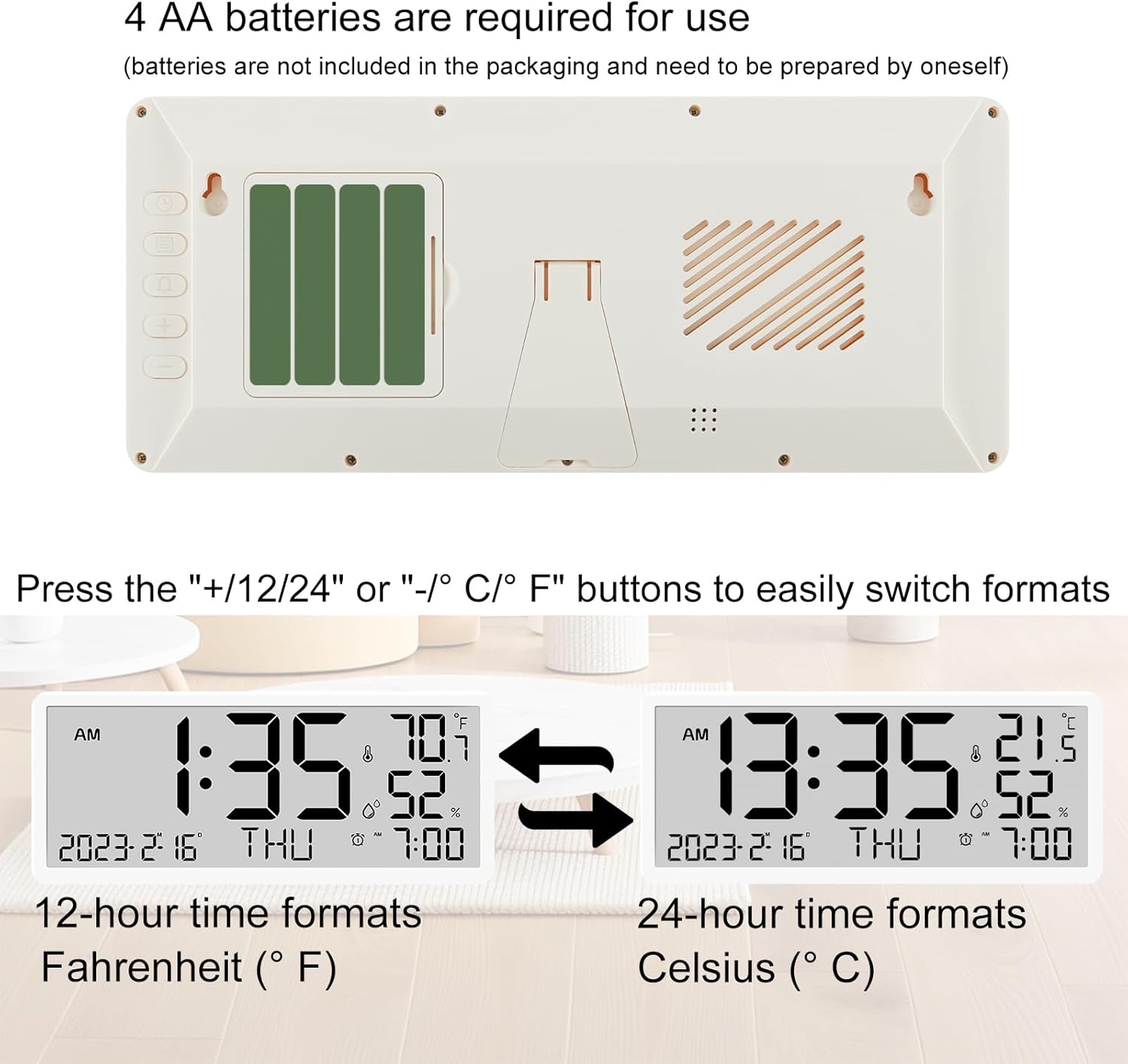 Large Digital Wall Clock, Large Display Wall Clock, Digital Clock with LCD Screen Battery Powered with Day Time Date Humidity Temperature Alarm for Home Office (White)