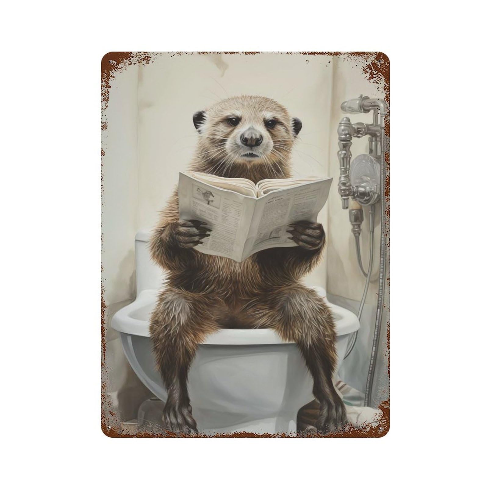 Otter on Toilet Decorative Tin Sign 15.7"x11.8", for Bistro, Counter And Cafe Decor, Classic Wall Plaque