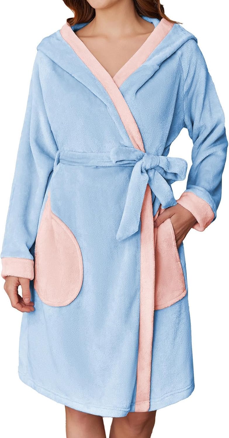 Ekouaer Women’s Robes Knee Length Hooded Bathrobe Cute House Coats with Pockets S-XXL