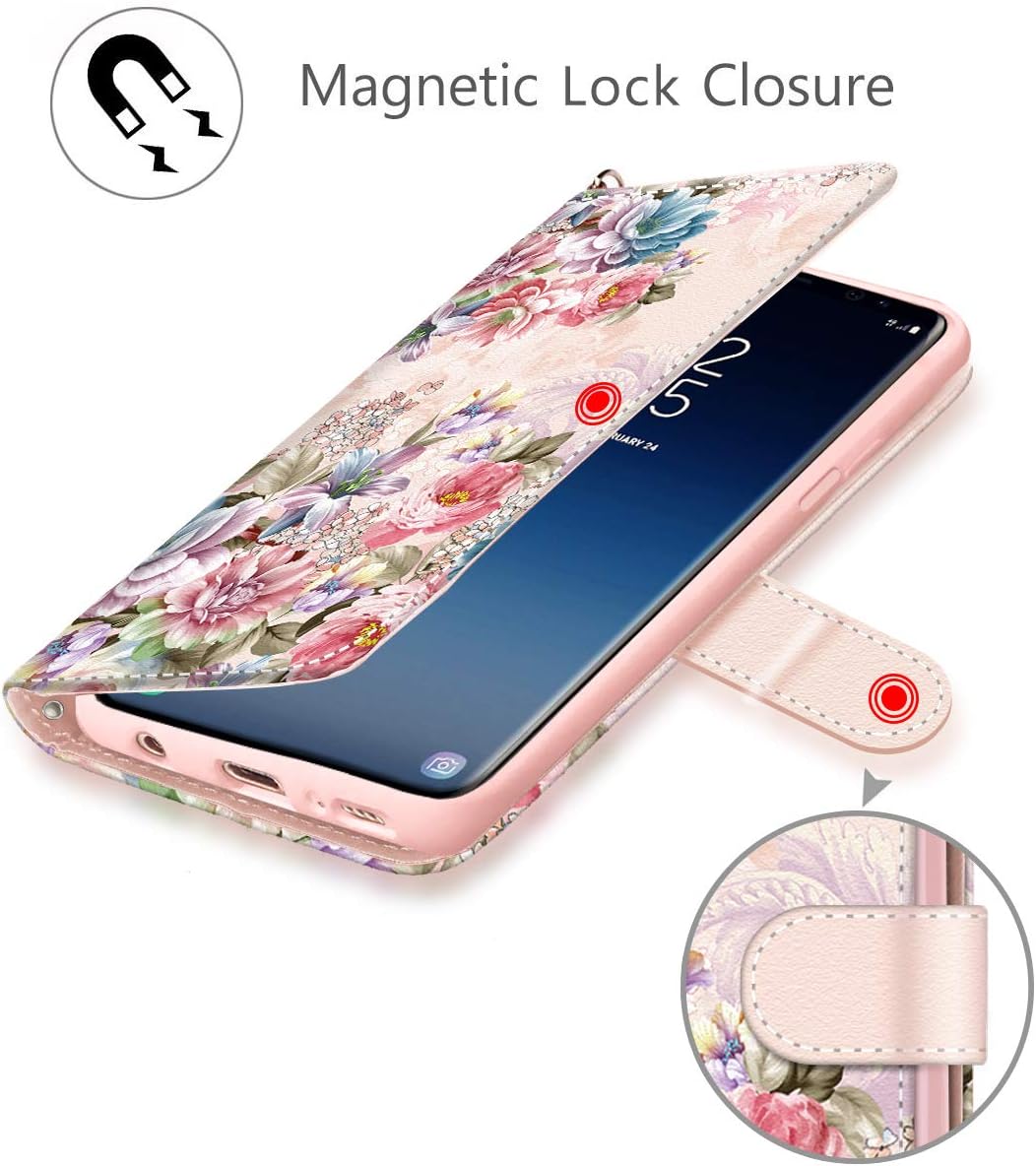 Galaxy S9 Plus Case, Hocase PU Leather Full Body Protective Wallet Case Cover with Credit Card Holders, Wrist Strap, Magnetic Closure for Samsung Galaxy S9 Plus (SM-G965) 2018 - Peony Flowers