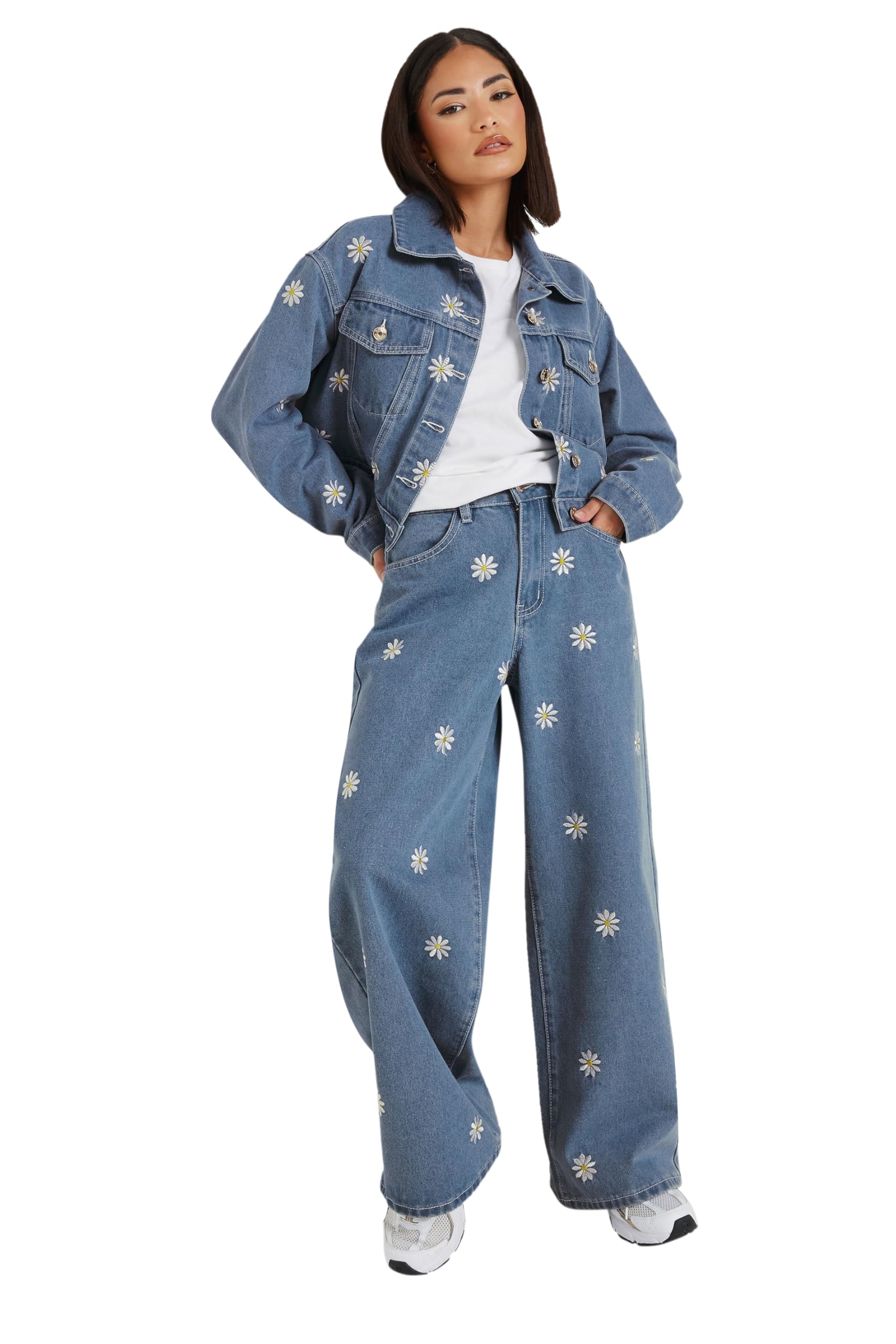 PixieGirl Women's Petite Daisy Embroidered Denim Jacket in Blue | Size: 12