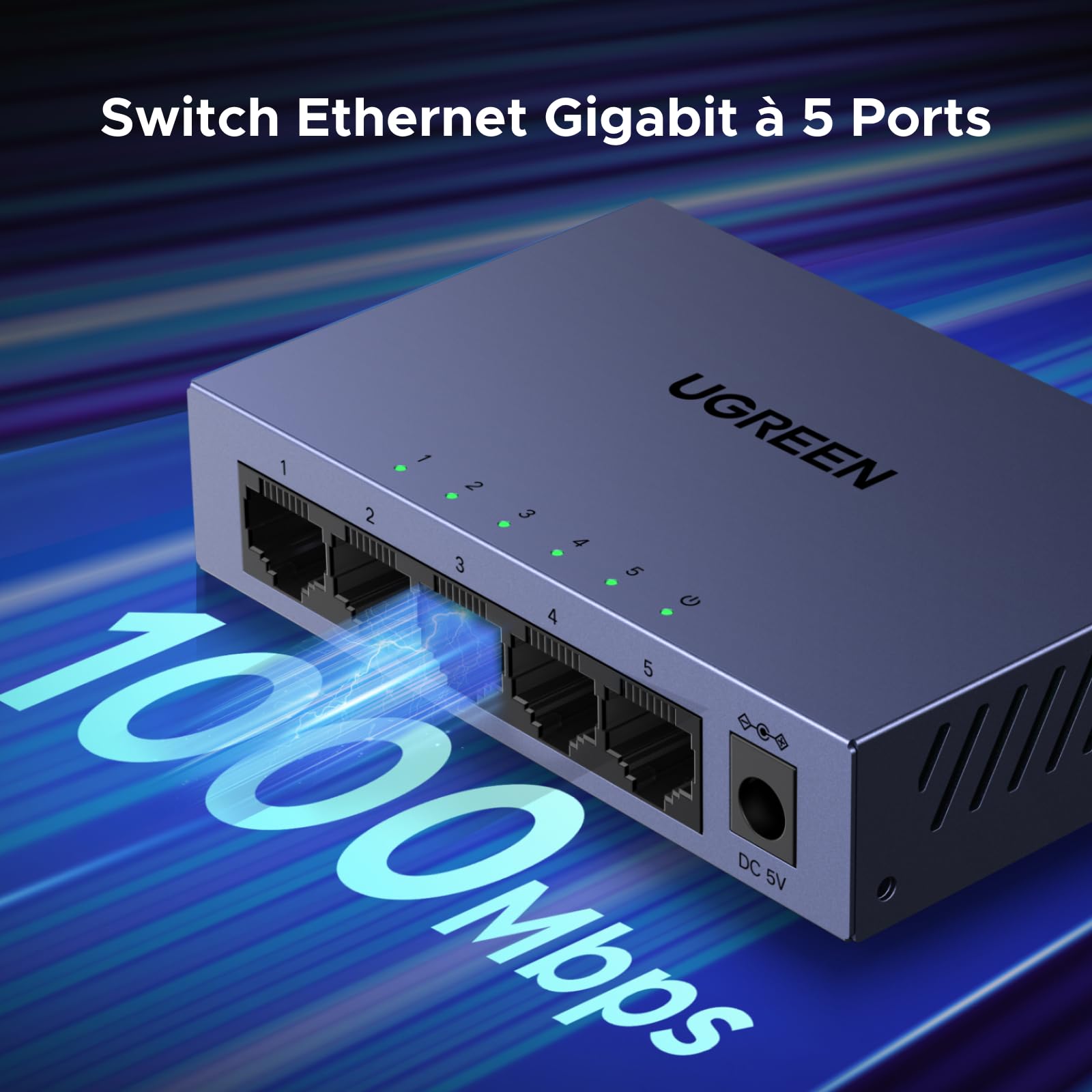 UGREEN 5 Ports Switch Ethernet Gigabit Hub Ethernet 1000Mbps Administrable Web Switch RJ45 Plug et Play Support VLAN QoS Link Aggregation IGMP Snooping Boitier Métal