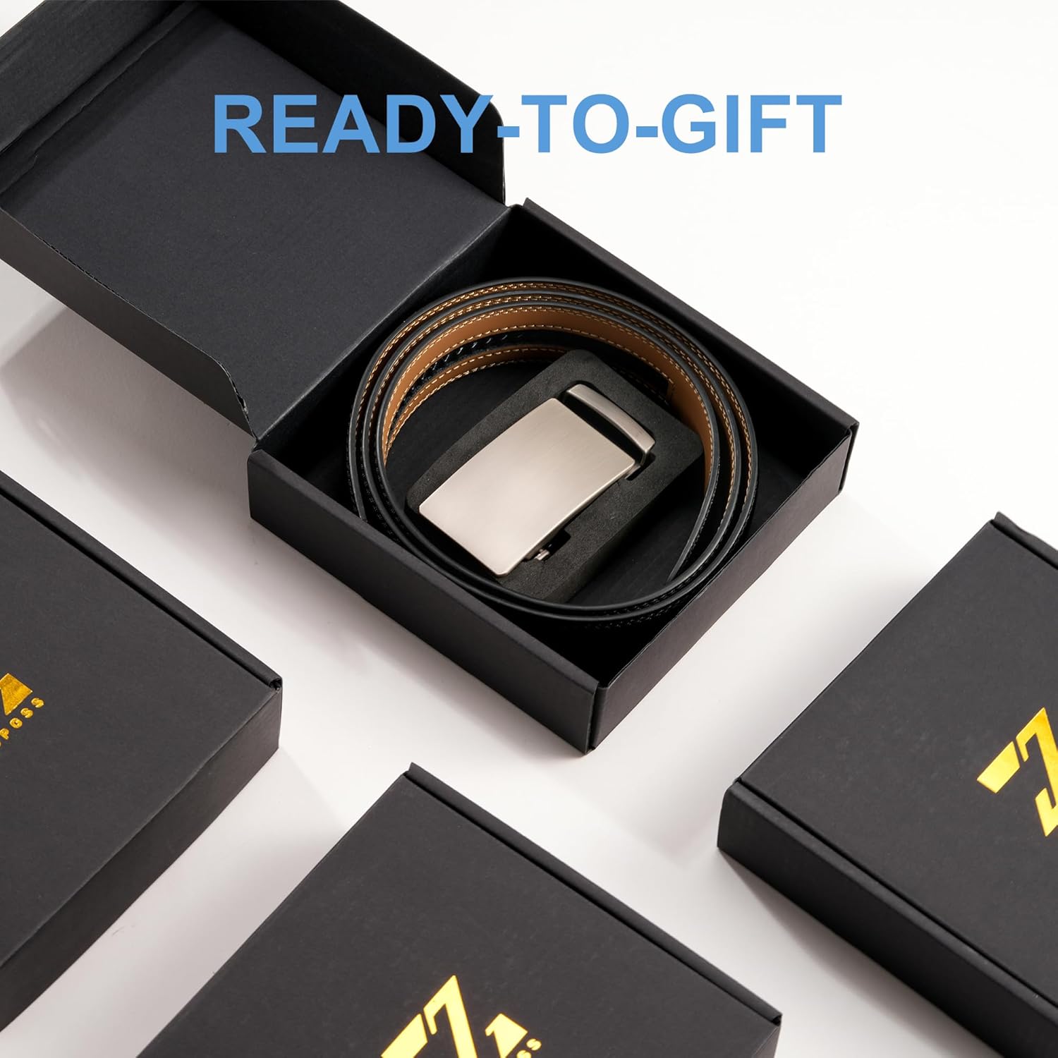 Men's Leather Ratchet Belt, 1-3/8" Wide, Auto Buckle, Trim-to-Fit, No Holes, Casual & Dress, Gift Box - Image 5