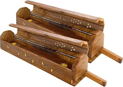 Vista 16 de Paquete de 2 quemadores de incienso de madera tipo ataúd - Incrustaciones de latón de 12 pulgadas - Compartimento de almacenamiento (Buddha)