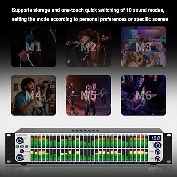 Dual 31-band Audio Equalizer, HiFi Stereo Graphic Equalizer, Digital Audio Stereo Graphic EQ with 10 Preset Effects, Automatic Noise Reduction, High/Mid/Bass Adjustment, for Music Studio