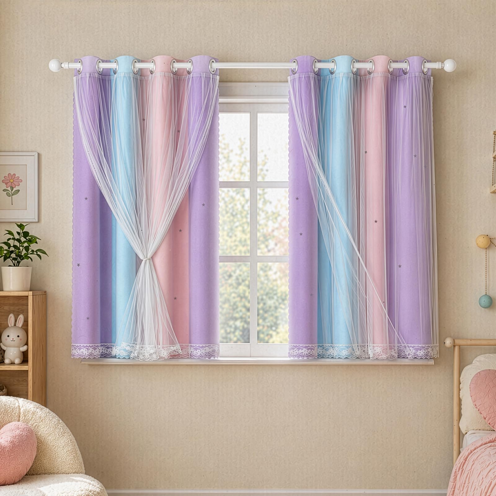 Evergoods Girls 132X137cm Rainbow Curtains，Kids Curtains For Bedroom – 2 Panels Rainbow Blackout Curtains With Sheer Layer, Laser Cut Stars, Pink & Purple Princess Room Decor, 80% Light Blocking (132X137cm)